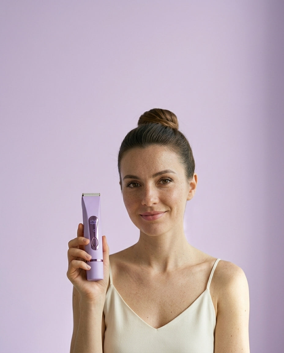 Femme souriante qui tient la tondeuse de retouche Swyft Beauty violette