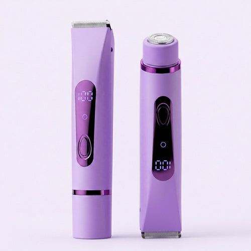 Tondeuse de retouche Swyft Beauty violette : tête tondeuse d'un côté, tête ronde de finition de l'autre