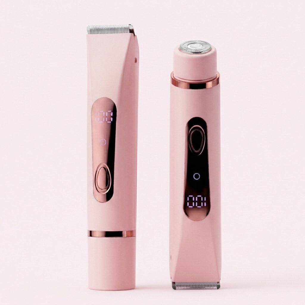 Tondeuse de retouche Swyft Beauty rose : tête tondeuse d'un côté, tête ronde de finition de l'autre